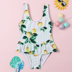 Слитный купальник с принтом лимона для девочек Shein