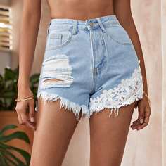 Джинсовые шорты с цветочной заплатой Shein