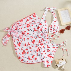 3шт бикини и накидка с узором вишни Shein