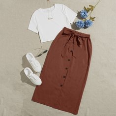 Кроп футболка и юбка с поясом Shein