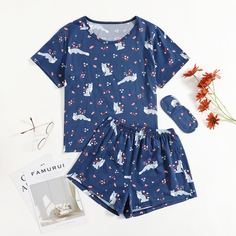Пижама и маска для сна с принтом лисы и цветов Shein