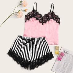 Атласная майка с кружевом и полосатые шорты Shein