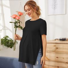 Однотонная футболка для беременных с разрезом Shein