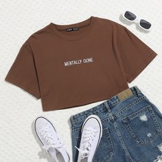 Вышивка буква Повседневный Футболки Shein