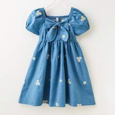 Джинсовое платье с бантом и цветочной вышивкой для девочек Shein