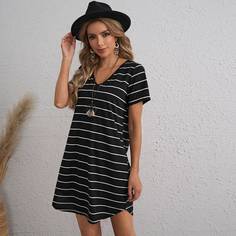 Платье в полоску с v-образным воротником Shein