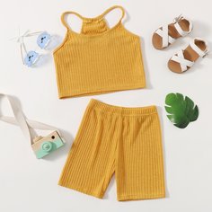 Вязаный топ-халтер и велошорты в рубчик для девочек Shein