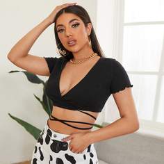 Вязаный топ в рубчик с узлом сзади Shein