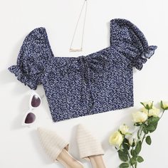 Короткий топ с пышными рукавами и принтом Shein