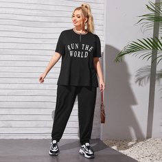 Футболка с текстовым принтом и спортивные брюки размера плюс Shein