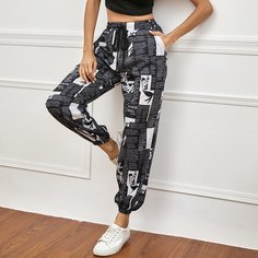 Брюки на кулиске с графическим принтом Shein