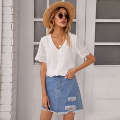 с оборками Одноцветный Бохо Блузы Shein