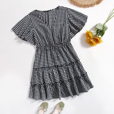 Платье в клетку с многослойным низом размера плюс Shein