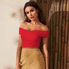 Трикотажный короткий топ с открытыми плечами Shein