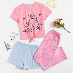 Пижама с мультипликационным принтом и шорты для девочек Shein