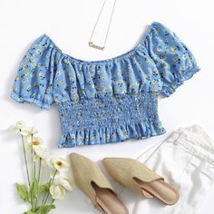 со сборками цветочный Бохо Блузы Shein