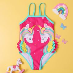 Слитный купальник с принтом единорога для девочек Shein