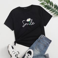 буква Повседневный Футболка размера плюс Shein