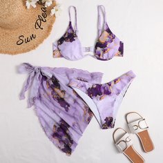 Пляжная юбка и бикини на косточках с мраморным принтом 3шт Shein