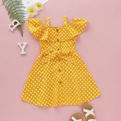 Платье в горошек с открытыми плечами и поясом для девочек Shein