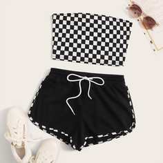 Короткий топ в клетку и шорты-дельфин на кулиске Shein