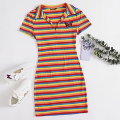 Радужное полосатое платье с v-образным вырезом и вышивкой Shein