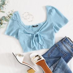 Вязаный короткий топ с воротником-бантом Shein