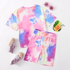 Разноцветная футболка и байкерские шорты для девочек Shein