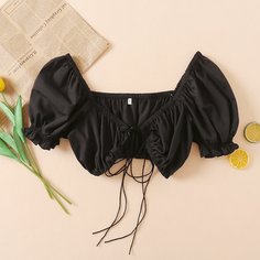 Чёрный с рюшами Одноцветный Бохо Женские топы Shein