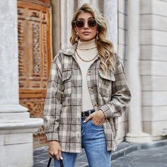 с карманами Клетчатый Повседневный Куртка Shein