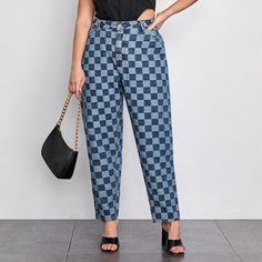 на пуговицах Клетка Джинсы размер плюс Shein