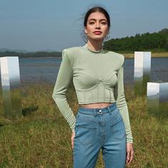 трикотажный Одноцветный Элегантный Футболки Shein