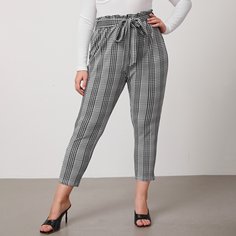 Брюки с присборенной талией и поясом в клетку Shein