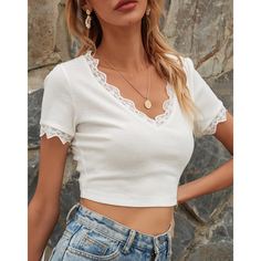 Контрастные кружева Одноцветный Повседневный Футболки Shein