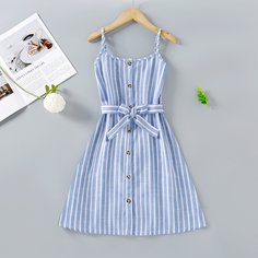 на пуговицах Полосатый Повседневный Платья для девочек Shein