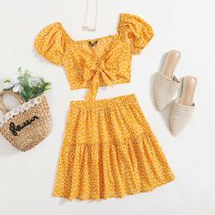 Юбка и топ в горошек с пышными рукавами Shein