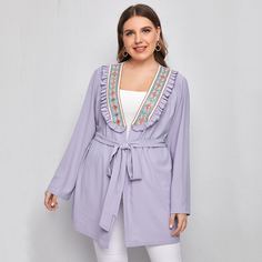 с поясом этнический стиль Повседневный Плюс размеры пальто Shein