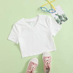 Однотонная футболка с коротким рукавом для девочек Shein