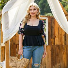 С оборками Со цветочками Повседневный Женские топы размер плюс Shein