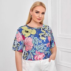 Со цветочками Повседневный Футболка размера плюс Shein