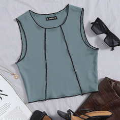 Укороченный трикотажный топ без рукавов с вышивкой в ​​рубчик Shein