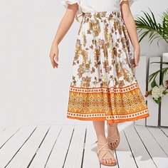 Расклешенная юбка с цветочным принтом для девочек Shein