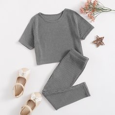 Вязаная футболка и леггинсы в рубчик для девочек Shein