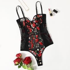 Боди с сетчатой вышивкой на косточках Shein