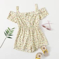Пуговица цветочный Бохо Комбинезоны для девочек Shein