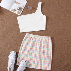 Топ с одним плечом и юбка в клетку Shein