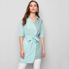 Асимметричная блуза в клетку с поясом Shein