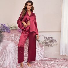 с карманами Одноцветный Минимализм Комплект пижамы Shein