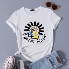 С карикатурой Повседневный Футболки Shein