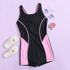 Контрастный слитный купальник для девочек Shein